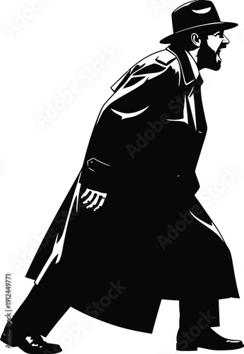 Man in a trench coat and fedora hat is depicted in profile walking forward with a determined stride against a white backdrop.