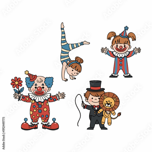 Handdrawn Cute Circus Theme Character Set Illustration in Doodle Style