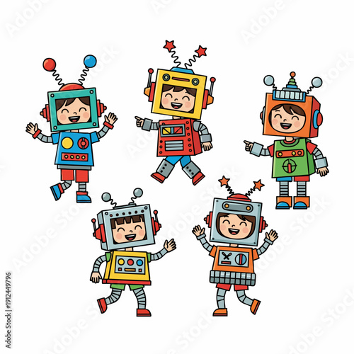 Cute Cartoon Robot Kids Costume Playful Illustration Characters Collection