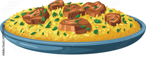 A blue plate with yellow rice and brown meat pieces topped with green herbs cooked food