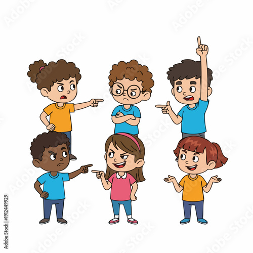 Cartoon Diverse Group of Children Pointing Fingers Blaming Each Other Illustration
