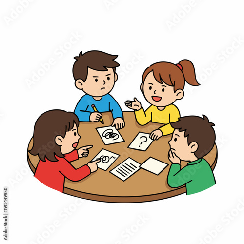 Cartoon Style Diverse Children Collaboration Around Table Discussing Idea Concept Illustration
