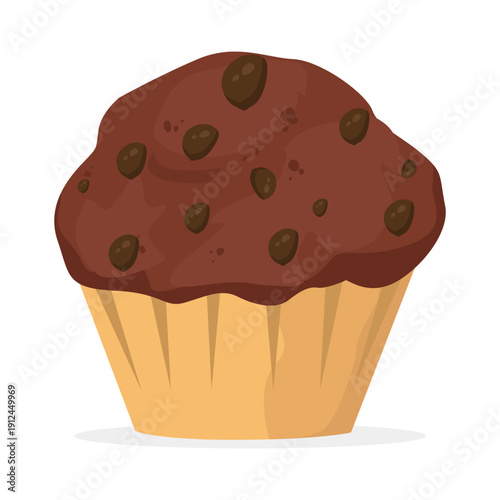 Delicious chocolate muffin with rich topping and chocolate chips. Flat vector illustration isolated on white background