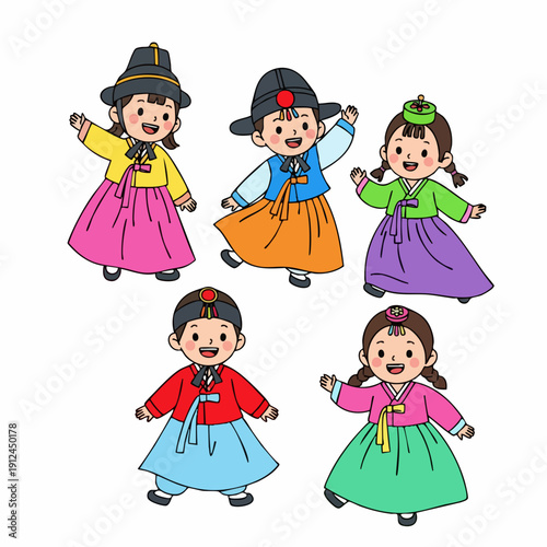 Cute Handdrawn Korean Traditional Dress Children Character Illustration