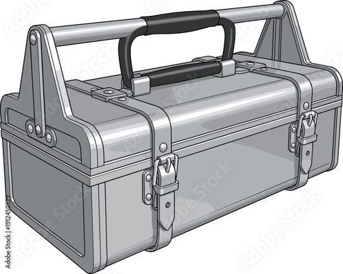 A metallic gray toolbox with a black handle and latches in a closed position