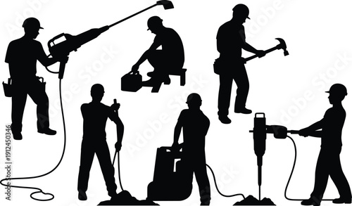 Construction Workers Operating Jackhammer Drill and Power Tools Silhouette Set Vector Illustration Isolated on White Background Industrial Labor Collection