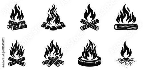 Collection of Campfire and Bonfire Silhouettes Featuring Burning Wood Logs in Outdoor Camping Style for Adventure and Nature Illustrations