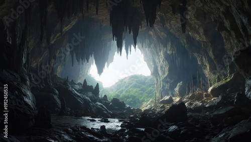 Dark cave mouth revealing a sunlit valley