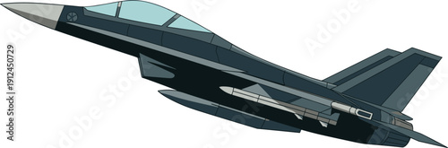 Dark gray fighter jet with twin tail fins and visible cockpit in flight position transparent canopy