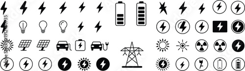 Energy and Electricity Line Icon Set with Power, Battery, Lightning, Solar, Charging, and Renewable Symbols for Web, App, and UI Design