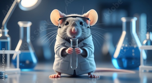 Cute mouse scientist in a white lab coat holding a test tube. Biomedical research and laboratory testing. Small rodent performing scientific experiments in a modern medical lab