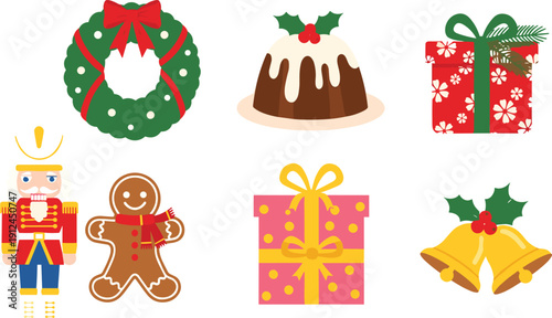Festive Christmas Including Wreath, Gingerbread Man, Nutcracker, Presents, Bells, and Dessert holiday