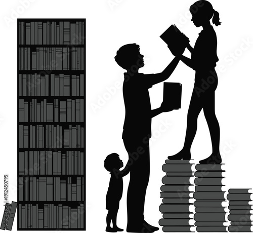 Family reading together silhouette illustration showing parents and children sharing books symbolizing education learning growth knowledge library concept