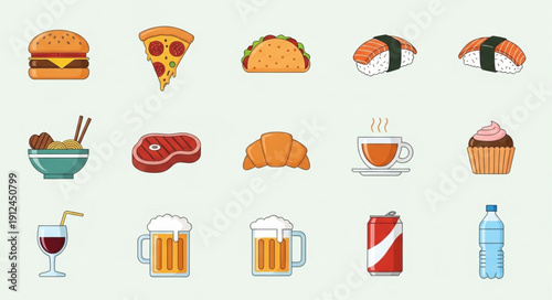 Collection of delicious food and drink icons flat design.