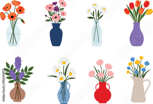 Floral bouquet illustration set featuring spring flowers in decorative vases, colorful blooming arrangements isolated on white background design