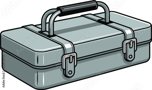 Gray metal toolbox with black handle and clasps on a white background