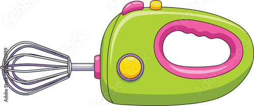 Green and pink hand mixer with wire whisk attachment and control buttons yellow