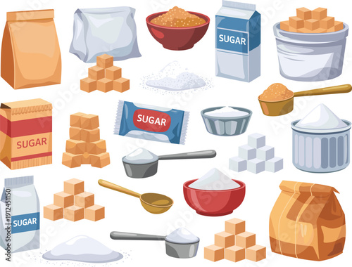 Sugar bags cubes and bowls collection with packaging scoops and granulated powder isolated flat vector illustration set