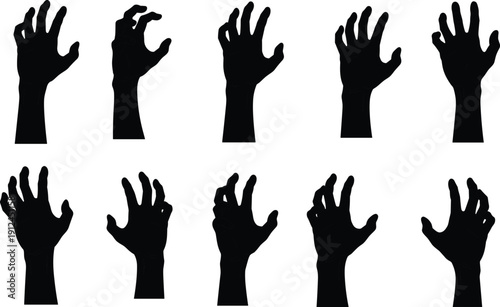 Hand gesture silhouette vector set featuring raised human hands in different poses, ideal for icons, signs, protest concepts and graphic design projects