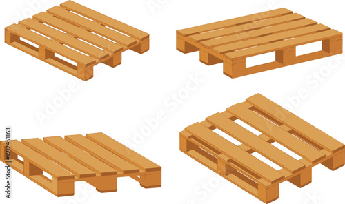 Wooden shipping pallet set vector illustration showing different perspectives isolated on white background for logistics warehouse distribution industry