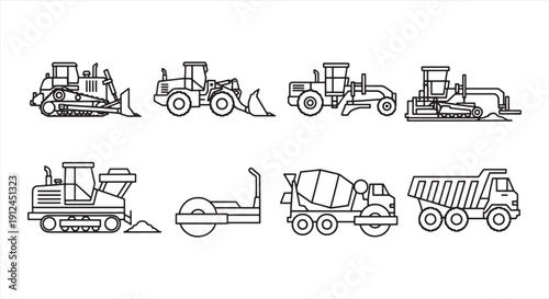 Construction Vehicle Icon Set – Heavy Machinery Line Vector for Engineering and Infrastructure Work