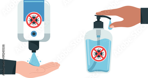 Hand sanitizer and liquid soap illustration showing proper hand hygiene virus prevention and infection control concept for public health and personal safety