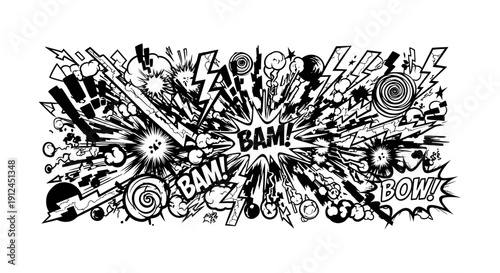 comic book explosion graphic with dynamic lines and sound effects featuring bam and bow conveying energetic impact for design projects.