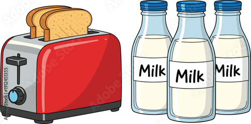 Red and silver toaster with three slices of bread and three bottles of milk on the side