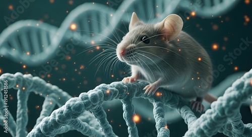 Laboratory mouse standing on a glowing DNA strand. Genetic engineering and animal testing. White mouse model used for medical research and genome sequencing experiments