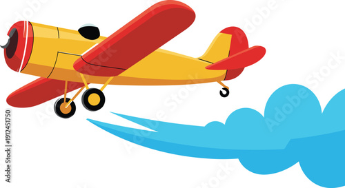 Yellow and red biplane flying with blue cloud trail behind it airplane