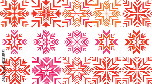 Colorful geometric snowflake ornament set with abstract winter star shapes in modern decorative vector style