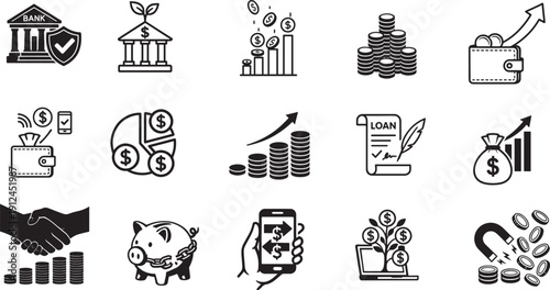 Thin finance icons. Saving, spending, payments, bank and piggy bank set
