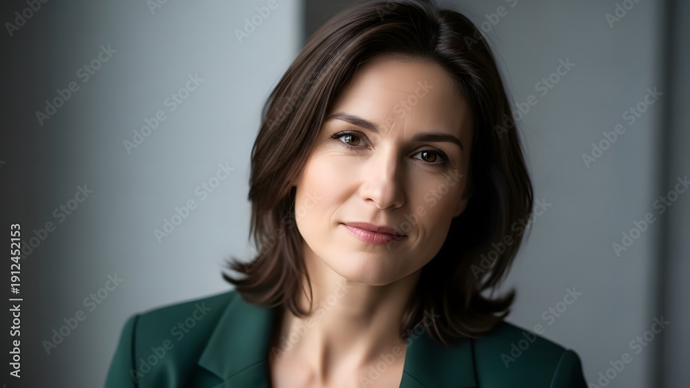Obraz premium Confidence and A sophisticated portrait of a woman with a natural gaze and a subtle smile, embodying poise and confidence. She wears a professional attire, presenting a composed and approachable image