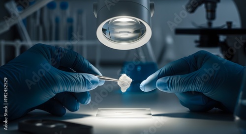 Scientist hands using tweezers to examine tissue sample. Laboratory research and forensic science. Professional wearing blue gloves analyzing a specimen under bright surgical light