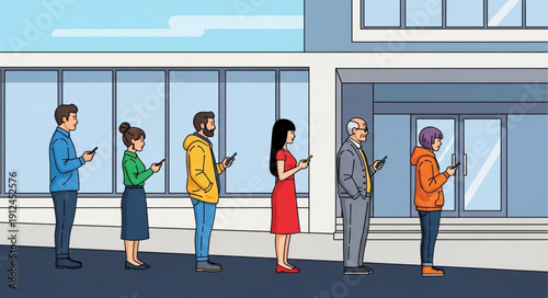 Diverse group of people standing in line holding smartphones.