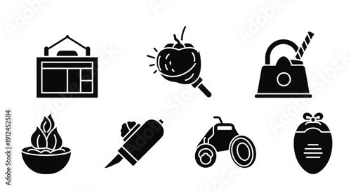 Collection of diverse black icons representing various objects and concepts.