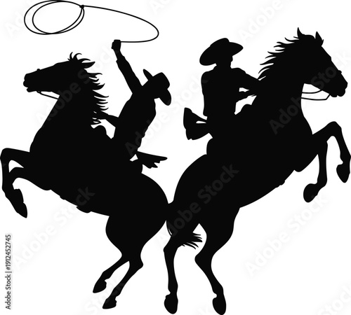 Silhouette of Two Cowboys Riding Rearing Horses with Lasso in Wild West Rodeo Action Vector Illustration Isolated on White Background Western Art