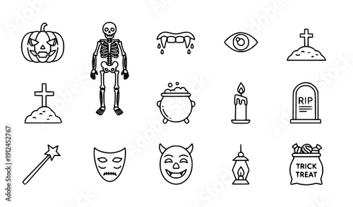 Minimal Halloween Outline Icons Collection – Black Line Vector Set
