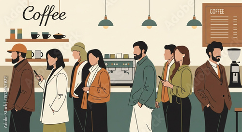 Diverse group of people waiting in line for coffee at a cafe.