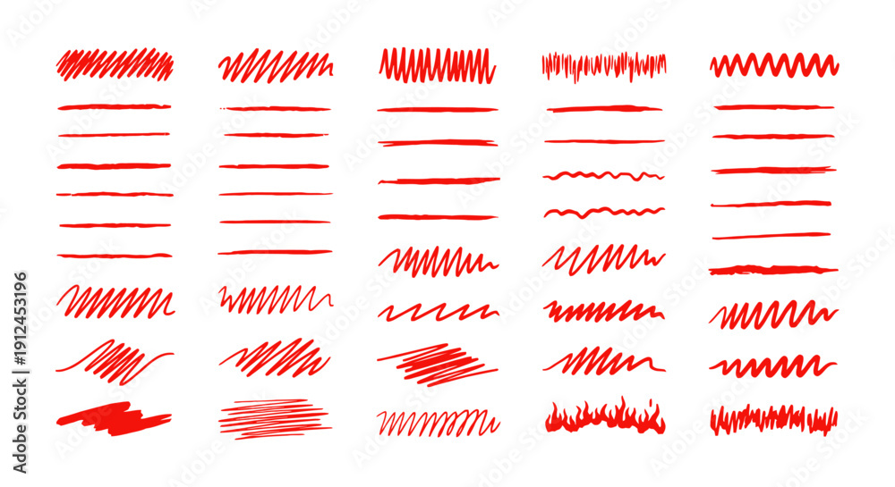 Obraz premium diverse set of red hand-drawn marker lines squiggles and underlines ideal for highlighting text editing and graphic design assets.