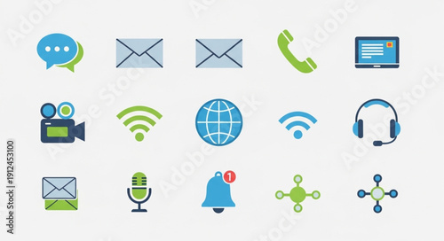 Collection of communication and technology icons on a light background.