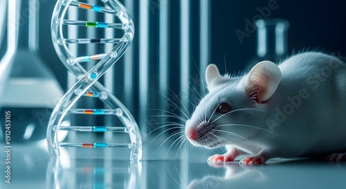 White lab mouse next to a glowing DNA helix model. Genetic engineering and biotechnology research. Rodent sitting on a reflective surface in a high tech science laboratory