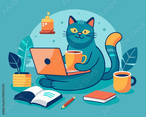 Cute Cat Working on Laptop Illustration