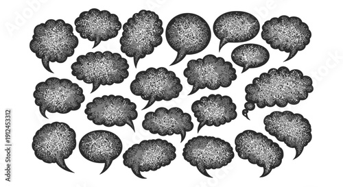 distressed speech bubbles vector set with grunge texture perfect for communication dialogue and thought process concepts in design.