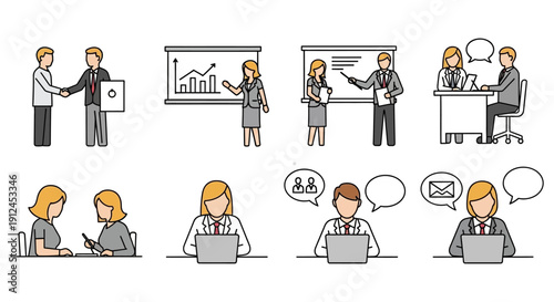 diverse business professionals collaborate through meetings presentations and remote work showcasing teamwork and modern office communication strategies.