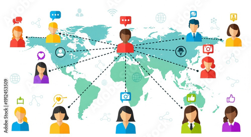 Global Network of People Connected Across the World Map.