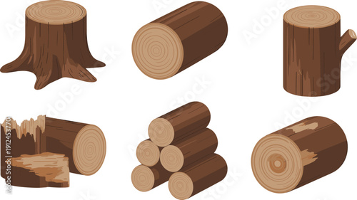Tree Stump and Wooden Logs Collection Cut Timber Trunk Pieces Forest Wood Vector Illustration Isolated on White Background