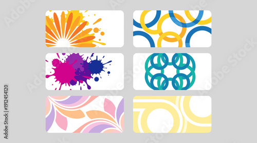 Six-panel abstract collage with colorful shapes, paint splashes, and geometric patterns in orange, blue, purple, pink, and yellow