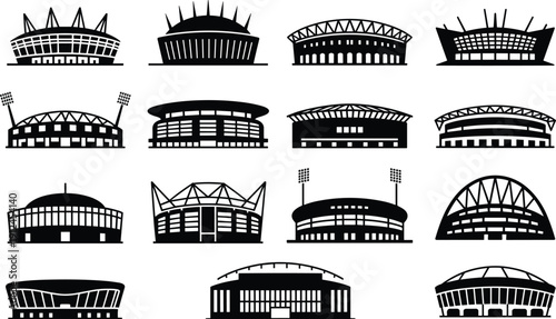 Large Stadium and Arena Silhouette Vector Set Featuring Modern Sports Venues, Football Fields and Event Architecture Icons Isolated on White Background