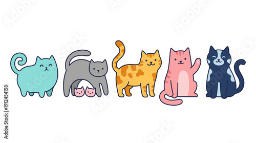 Five cute pastel-colored cartoon cats standing in a row, a playful kawaii illustration for kids, home decor, and pet lovers.